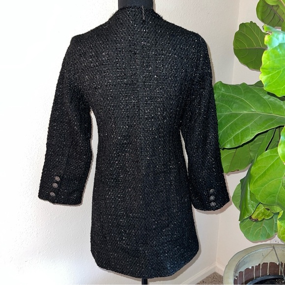 J•R•M Women’s Black Metallic Collarless Button Down Tweed Long Blazer Overcoat - Picture 14 of 16